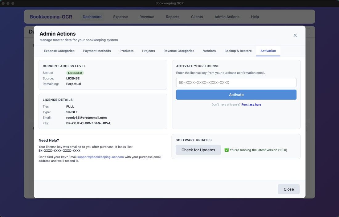 License key entry in Activation tab