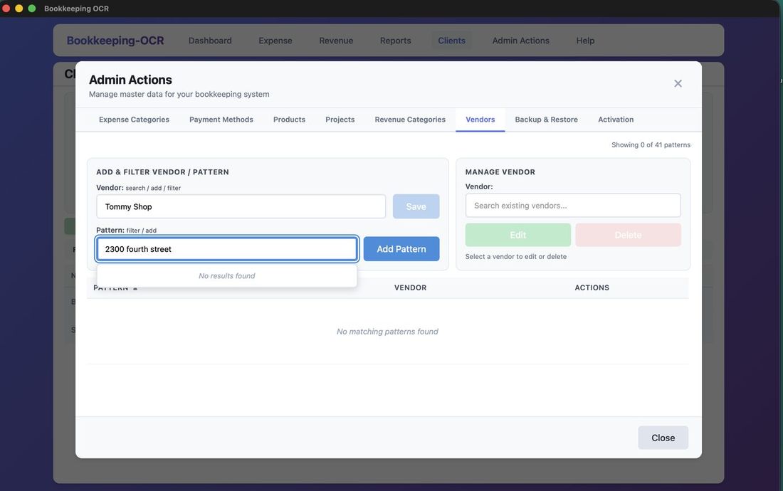 Vendor Pattern management screen