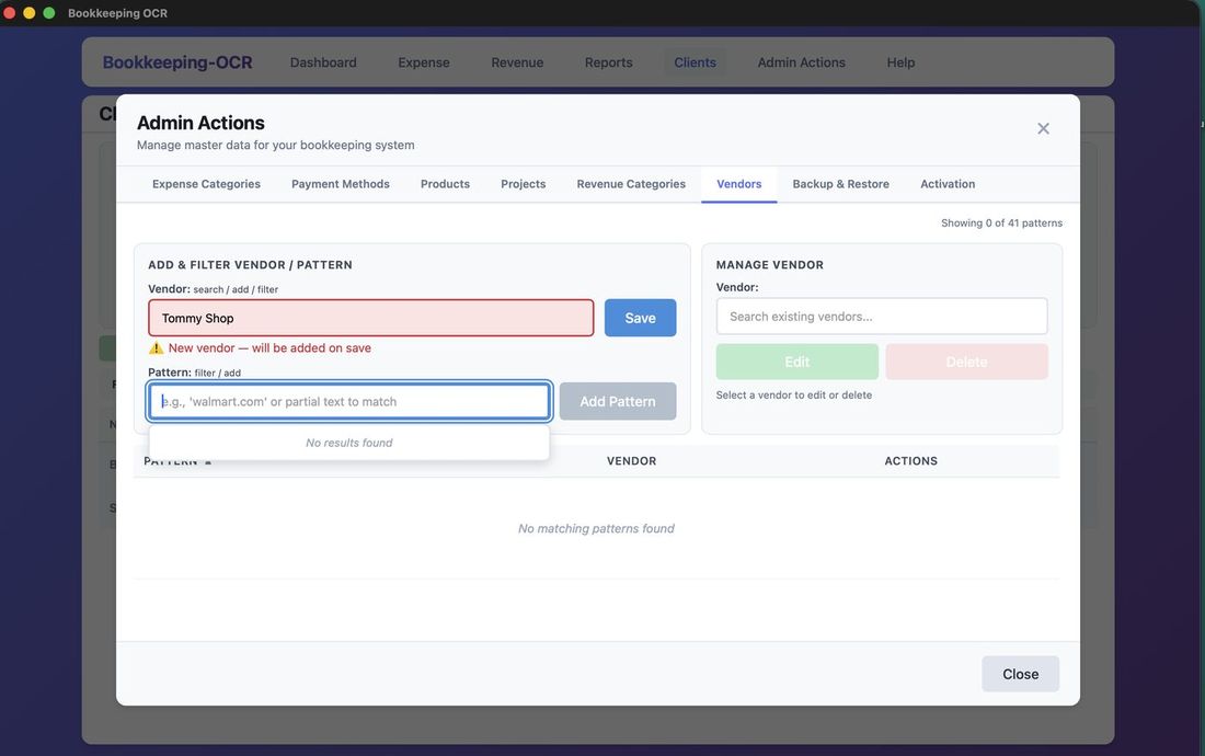 Vendor Maintenance screen