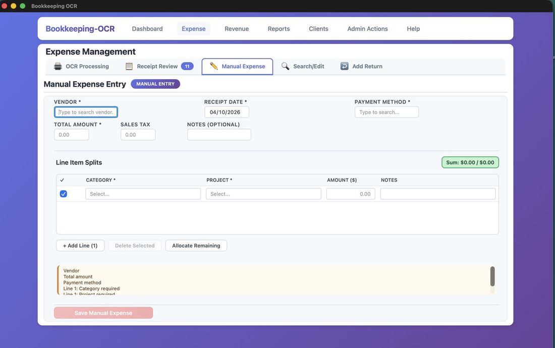 Manual Expense Entry form