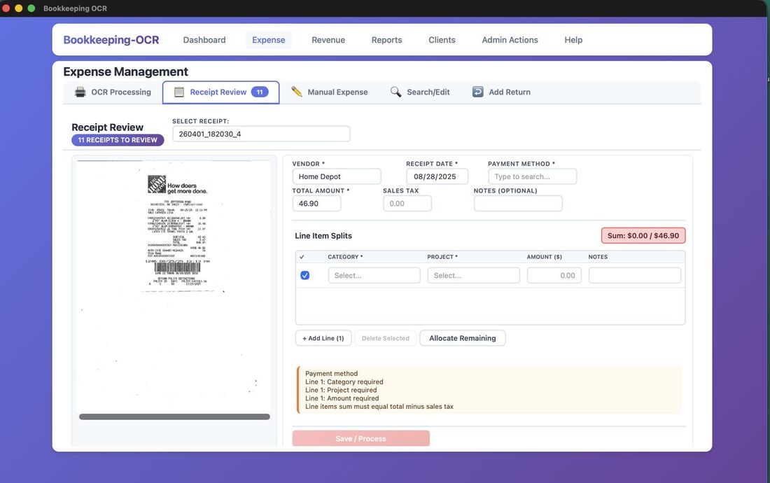 Receipt Review screen showing receipt image and fields